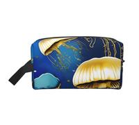 ENRPTY Blue And Gold Jellyfish Print Travel Toiletry Zipper Storage Pouch For Women Men Portable Makeup Bag Purse