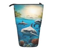 ENRPTY Dolphins Sea Turtle Shark Octopus Coral Print Telescopic Pencil Bag Big Capacity Pop Up Storage Makeup Bag For Office Supplies