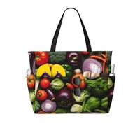 ENRPTY Introduction Of Various Vegetables Print Large Capacity Beach Travel Bag With Zipper Lightweight Foldable For Vacation