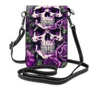 ENRPTY Many Purple Rose Skull Print Small Cell Phone Leather Purse Adjustable Shoulder Rope Crossbody Bags For Women
