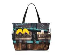 ENRPTY New York Manhattan Bridge Night Print Large Capacity Beach Travel Bag With Zipper Lightweight Foldable For Vacation