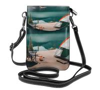 ENRPTY Serenity Lake Camping Print Small Cell Phone Leather Purse Adjustable Shoulder Rope Crossbody Bags For Women