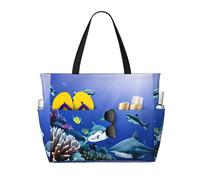 ENRPTY Shark Swimming Under The Sea Print Large Capacity Beach Travel Bag With Zipper Lightweight Foldable For Vacation