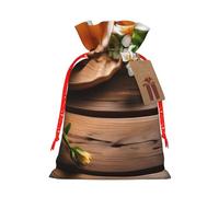 ENRPTY Teal Flower On Wooden Plank Print Personalized Drawstring Gift Packing Bag For Anniversary Wedding Christmas