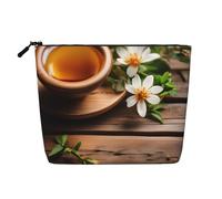 ENRPTY Teal Flower On Wooden Plank Print Women'S Makeup Make Up Bag Zipper Pouch Travel Storage Pouch Large Capacity Purse