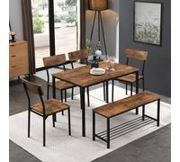 Ensemble de table et chaises pour 6 personnes - Avec cadre en métal - Aspect bois - Banc - Étagère moderne et cacte - Pour cuisine salon appartement salle à manr - Sle vinta