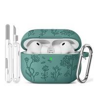 Ensfomte for AirPods Pro 3 Case (2025) with Cleaner Kit,Cute Flower Engraved Soft Silicone Protective Case Cover Compatible with Apple AirPods Pro 3rd Generation for Women Men with Keychain,Pine Green