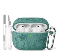 Ensfomte for AirPods Pro 3 Case 2025 with Cleaner Kit, Cute Turtle Engraved Soft Silicone Protective Case Cover Compatible with Apple AirPods Pro 3rd Generation for Women Men with Keychain, Pine Green