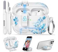 Ensfomte for AirPods Pro 3 Clear Case 2025 with Lock, Soft TPU Flower Case Cover with Phone Stand & Cleaning Kit for Apple AirPods Pro 3rd Generation for Women with Keychain, Clear