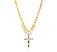 ENSKEFEN Chunky Chain Cross Pendant Necklaces for Women Trendy Tassel Rhinestones Cross Necklaces Statement Gold Charm Necklace Minimalist Faith Jewellery
