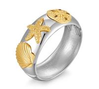 ENSKEFEN Chunky Silver Bangle Bracelets for Women with Gold Sea Shell Starfish Bracelet Boho Vintage Statement Bracelet Summer Beach Thick Hinged Open Cuff Bracelets