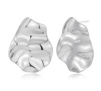 ENSKEFEN Irregular White Gold Stud Earrings for Women Hammered Wavy Silver Stud Boho Geometric Statement Earring Vintage Pleated Earrings