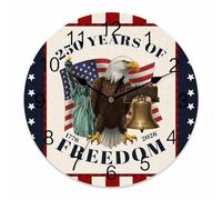 Ensound 4th of July Wall Clock Freedom Eagle Statue of Liberty Clocks Wooden Silent Non-Ticking Battery Operated Stars 250th Anniversary Round Clock for Home Living Room Kitchen Bedroom 12 Inch