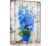 Ensound Blue Delphinium Flower Pot Metal Tin Sign Plaque Poster Vintage Wall Room Gift Aluminium Creative Novelty Unique Funny Art Decoration Tin Waterproof 8x12 Inch