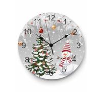 Ensound Christmas Wall Clock Grey Snowman Clocks Wooden Silent Non-Ticking Battery Operated Snowy Pine Needles Xmas Tree Round Clock for Home Living Room Kitchen Bedroom Office School 12 Inch