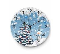 Ensound Christmas Wall Clock Snowman Xmas Tree Balls Clocks Wooden Silent Non-Ticking Battery Operated Pine Needles Blue Round Clock for Home Living Room Kitchen Bedroom Office School 12 Inch