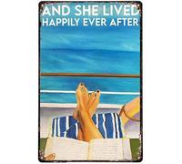 Ensound Funny Metal Tin Sign Ocean and She Lived Happily Ever After Poster Vintage Sign for Home Coffee Wall Decor 8x12 Inch
