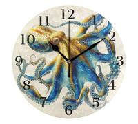 Ensound Gold and Blue Octopus Wall Clock Silent Non-Ticking Battery Operated Clocks 12 Inch for Kitchen Home Living Room