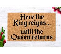 Ensound Here The King Reigns,Until The Queen Returns Doormat,King Queen Funny Doormat,Housewarming,Gift for Couples,Bridal Shower,Hubby Gift 24x16 Inch