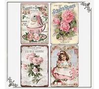 Ensound Pink French Country Decor Flower Art Vintage Wall Art 4Pcs Tin Signs, 8 x 12 inches, Wall Mount, Country-Style Kitchen, Living Room, Bar, Coffee Shop, Garage, Garden
