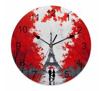 Ensound Valentine's Day Wall Clock Red Forest Couple Clocks Wooden Silent Non-Ticking Battery Operated Romantic Rainy Days Eiffel Tower Round Clock for Home Living Room Kitchen Bedroom 12 Inch