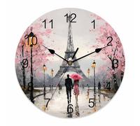 Ensound Valentine's Day Wall Clock Romantic Couple Clocks Wooden Silent Non-Ticking Battery Operated Pink Forest Rainy Days Eiffel Tower Round Clock for Home Living Room Kitchen Bedroom 12 Inch