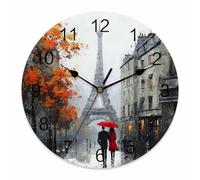 Ensound Valentine's Day Wall Clock Romantic Rainy Days Clocks Wooden Silent Non-Ticking Battery Operated Decorative Eiffel Tower Couple Round Clock for Home Living Room Kitchen Bedroom Office 12 Inch
