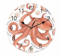 Ensound Wall Clock Coastal Coral Octopus Clocks Wooden Silent Non-Ticking Battery Operated Decorative Ocean Shell Conch Round Clock for Home Living Room Kitchen Bedroom Office School 12 Inch