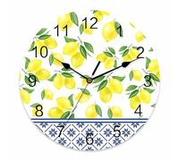 Ensound Wall Clock Yellow Lemon Clocks Wooden Silent Non-Ticking Battery Operated Decorative Blue Flower Pattern Summer Fruits Round Clock for Home Living Room Kitchen Bedroom Office School 12 Inch
