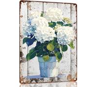 Ensound White Hydrangea Flower Pot Metal Tin Sign Plaque Poster Vintage Wall Room Gift Aluminium Creative Novelty Unique Funny Art Decoration Tin Waterproof 8x12 Inch