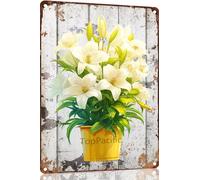 Ensound White Lily Flower Pot Metal Tin Sign Plaque Poster Vintage Wall Room Gift Aluminium Creative Novelty Unique Funny Art Decoration Tin Waterproof 8x12 Inch