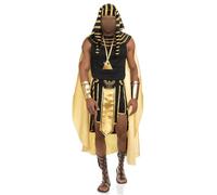 ensswliz Adult Men Egyptian King Pharaoh Costume Set 7 Pcs Golden Trim Tank Tops Skirt Arm Sleeves Headwear Necklace Halloween Cosplay Outfits (A-Black, S)