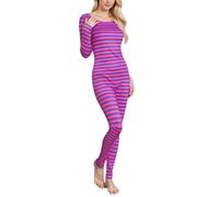 ensswliz Cheshire Cat Costume for Women Halloween Costumes Striped Long Sleeve Jumpsuit Party Cosplay Outfit Costume (B-Fuchsia, S)