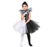 ensswliz Halloween Kid Girl Zombie Princess Prom Cosplay Tulle Dress + Ribbon + Crown + Flower Wristband Cosplay Costume (A-Black White, M)