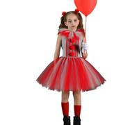 ensswliz Kids Girl’s Clown Costume Zombie Princess Prom Cosplay Tulle Dress with Ribbon Crown Flower Wristband Halloween Cosplay Costume (B-Red, 4-5 Years)