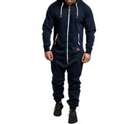 ensswliz Mens Thick Snuggle Warm Fleece Hooded Zip Onesie Casual Solid Color One Piece Jogger Sweatsuit Sleepwear Adult Onesie (Navy Blue, XXL)
