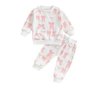 ensswliz Toddler Baby Girl Farm Outfit Chick& Bow Flower Print Long Sleeve Sweatshirt+elastic waist Jogger pants set Fall Winter 2pcs set Clothes (C-Pink Bow, 2-3 Years)