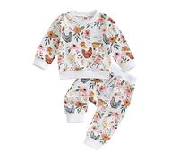 ensswliz Toddler Baby Girl Farm Outfit Chick& Flower Print Long Sleeve Sweatshirt+Jogger/elastic waist pants set Fall Winter 2pcs set Clothes (A-White, 0-6 Months)