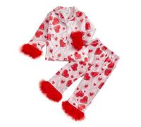 ensswliz Toddler Kids Baby Girl Pjs Ruffle Feather Trim Long Sleeve Button Shirt Top and Pants Silk Satin 2 Piece Pajamas Set (B-Red, 3-4 Years)