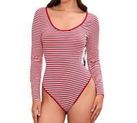 ensswliz Women Bodysuit Pajamas with Long Sleeve Crew Neck Striped Jumpauit Sleepwear Lounge Slim Fit Romper (A-Red, M)