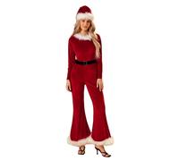 ensswliz Women Christmas Santa Costume Long Sleeve Flared Jumpsuit with Santa Hat Set Velvet Mrs. Claus Cosplay Outfits (Red, S)