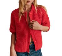 ensswliz Women Crochet Cardigan Sweaters Tops Chunky Knitted Crew Neck Long Sleeve Button Down Jackets Open Front Coat (Red, M)