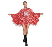 ensswliz Women Halloween Poncho Costume Deluxe Spider Cobweb Poncho Cape Outfit for Cosplay Party (A-Red, One Size)