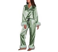 ensswliz Women Heart Print Silk Satin Pajamas Set Valentine's Day Feather Cuff Long Sleeve Lapel Button Down Tops with Long Pants 2 Piece Pjs Loungewear (G-Green, M)