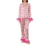 ensswliz Women Heart Print Silk Satin Pajamas Set Valentine's Day Feather Cuff Long Sleeve Lapel Button Down Tops with Long Pants 2 Piece Pjs Loungewear (E- Valentine's Day Heart, S)