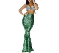 ensswliz Women Mermaid Skirt Costume Halloween Cosplay Fancy Sequins Long Tail Fishtail Skirt with Asymmetric Mesh Panel