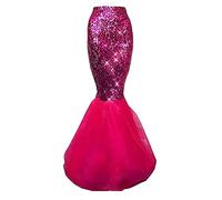 ensswliz Women Mermaid Skirt Costume Halloween Cosplay Fancy Sequins Long Tail Fishtail Skirt with Asymmetric Mesh Panel
