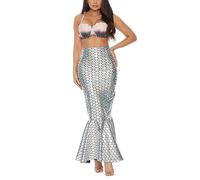 ensswliz Women Mermaid Skirt Costume Halloween Cosplay Fancy Sequins Long Tail Fishtail Skirt with Asymmetric Mesh Panel