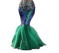 ensswliz Women Mermaid Skirt Costume Halloween Cosplay Fancy Sequins Long Tail Fishtail Skirt with Asymmetric Mesh Panel