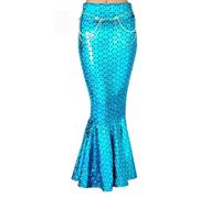 ensswliz Women Mermaid Skirt Costume Halloween Cosplay Fancy Sequins Long Tail Fishtail Skirt with Asymmetric Mesh Panel
